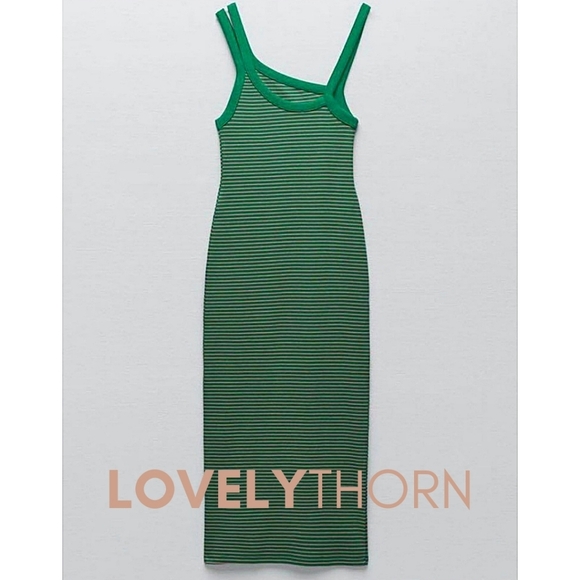 ZARA // ultra- flattering soft ribbed green/pinky-nude striped asymmetric dress - Picture 3 of 10